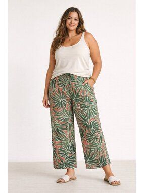 Sigrid Olsen Pants Women's L Peach Green Palm Leaf Tropical Boho Linen Wide Leg